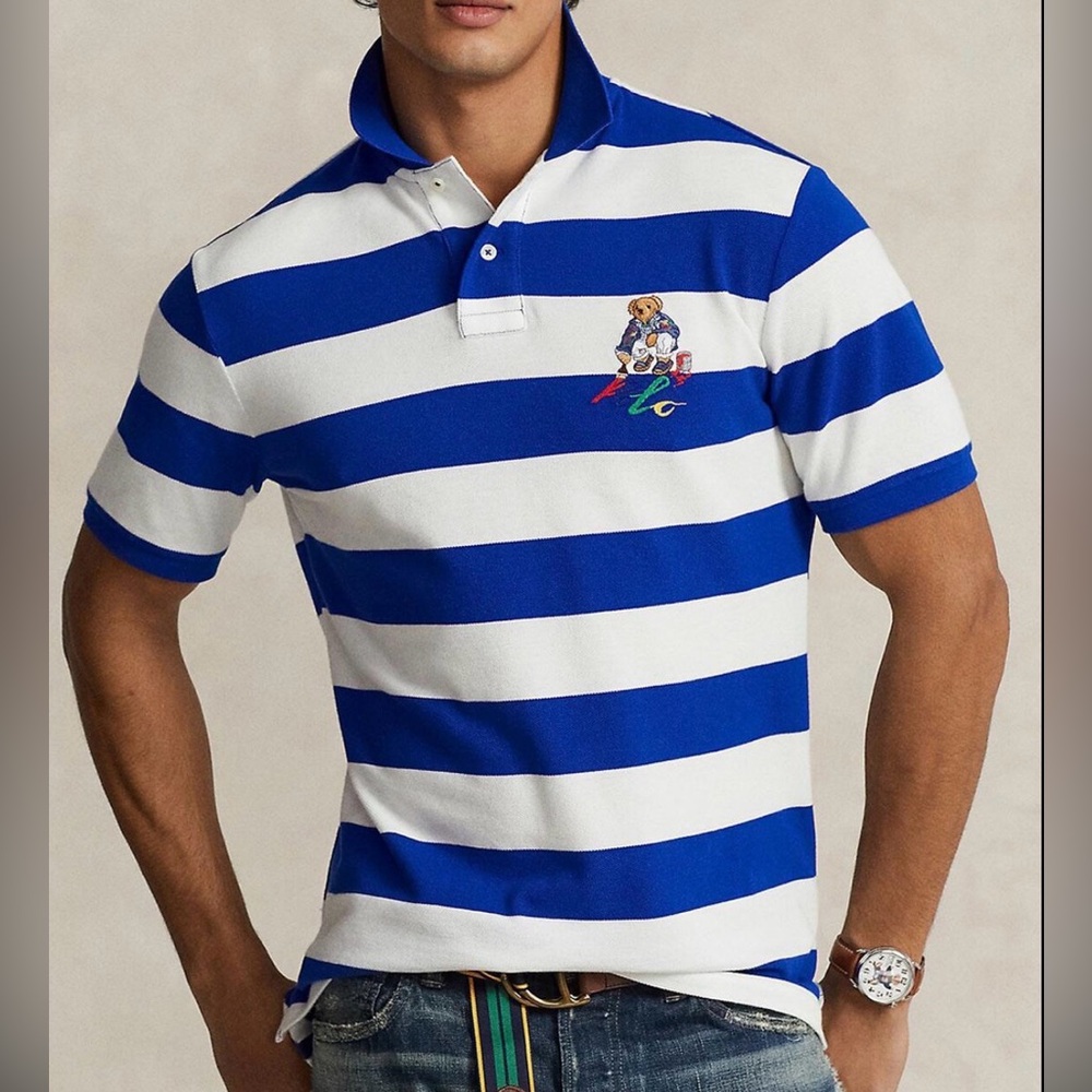 Polo Ralph Lauren Men's Painting Bear Block Stripe Polo Shirt L